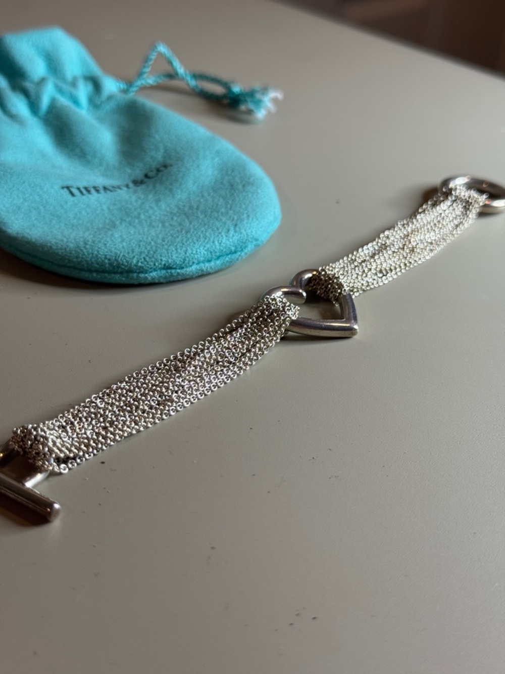 Tiffany & Co. 925 Sterling Silver Open Heart Multi-strand Mesh Bracelet 7.5”